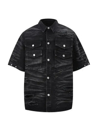 Men's Plus Size Distressed Button Up Short Sleeve Denim Shirt