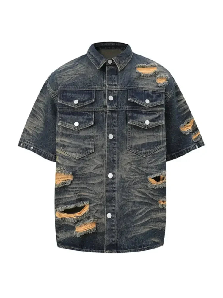 Men's Plus Size Distressed Button Up Short Sleeve Denim Shirt