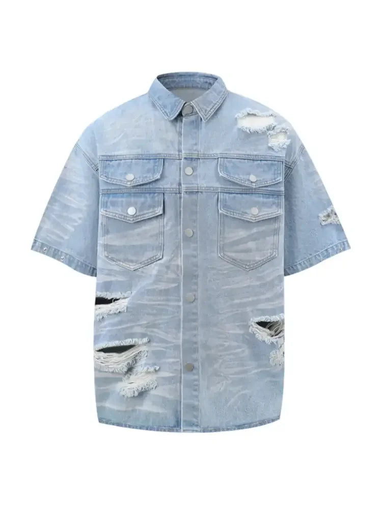 Men's Plus Size Distressed Button Up Short Sleeve Denim Shirt