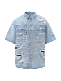 Men's Plus Size Distressed Button Up Short Sleeve Denim Shirt
