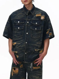 Men's Plus Size Distressed Button Up Short Sleeve Denim Shirt