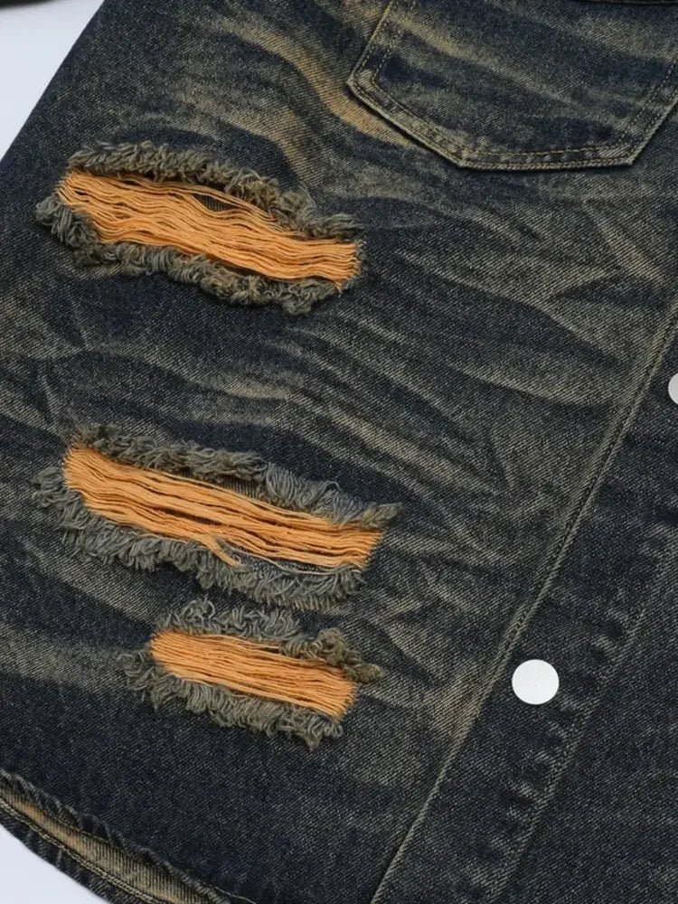 Men's Plus Size Distressed Button Up Short Sleeve Denim Shirt