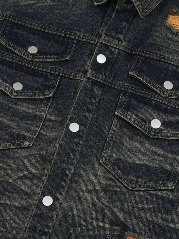 Men's Plus Size Distressed Button Up Short Sleeve Denim Shirt