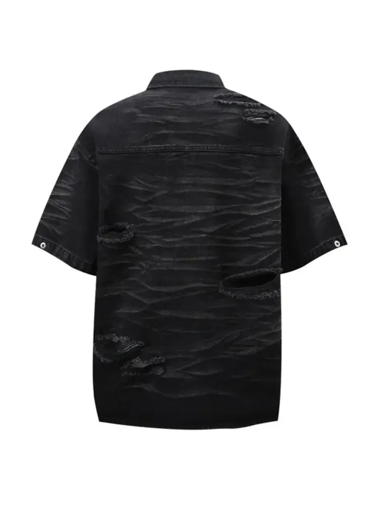 Men's Plus Size Distressed Button Up Short Sleeve Denim Shirt