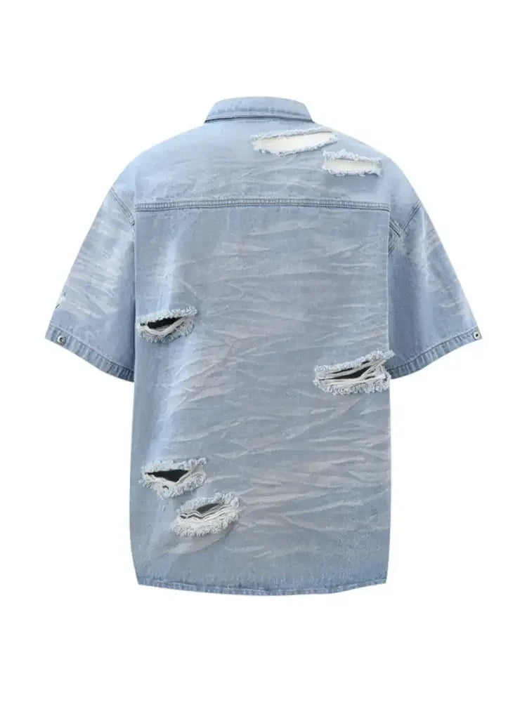 Men's Plus Size Distressed Button Up Short Sleeve Denim Shirt