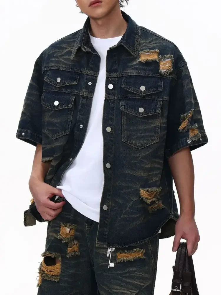 Men's Plus Size Distressed Button Up Short Sleeve Denim Shirt