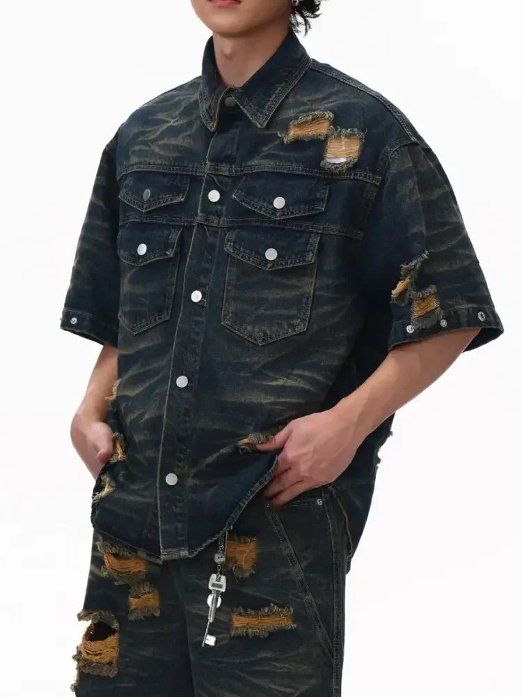 Men's Plus Size Distressed Button Up Short Sleeve Denim Shirt