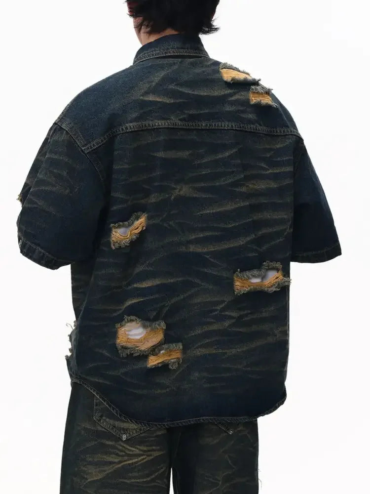 Men's Plus Size Distressed Button Up Short Sleeve Denim Shirt