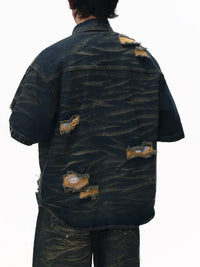 Men's Plus Size Distressed Button Up Short Sleeve Denim Shirt