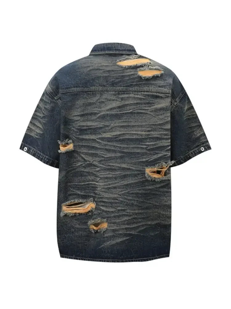 Men's Plus Size Distressed Button Up Short Sleeve Denim Shirt