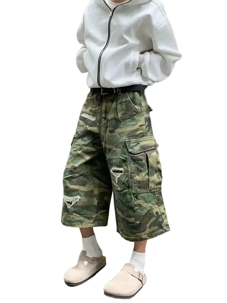 Plus size distressed camouflage cargo capris jeans with white hoodie and beige clogs