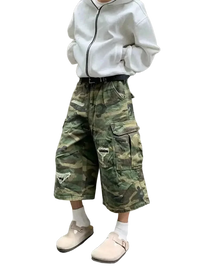 Plus size distressed camouflage cargo capris jeans with white hoodie and beige clogs