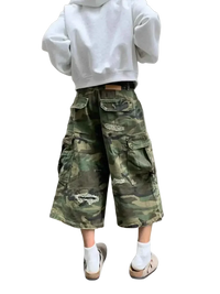 Plus size distressed camouflage cargo capris shorts for men with a loose fit