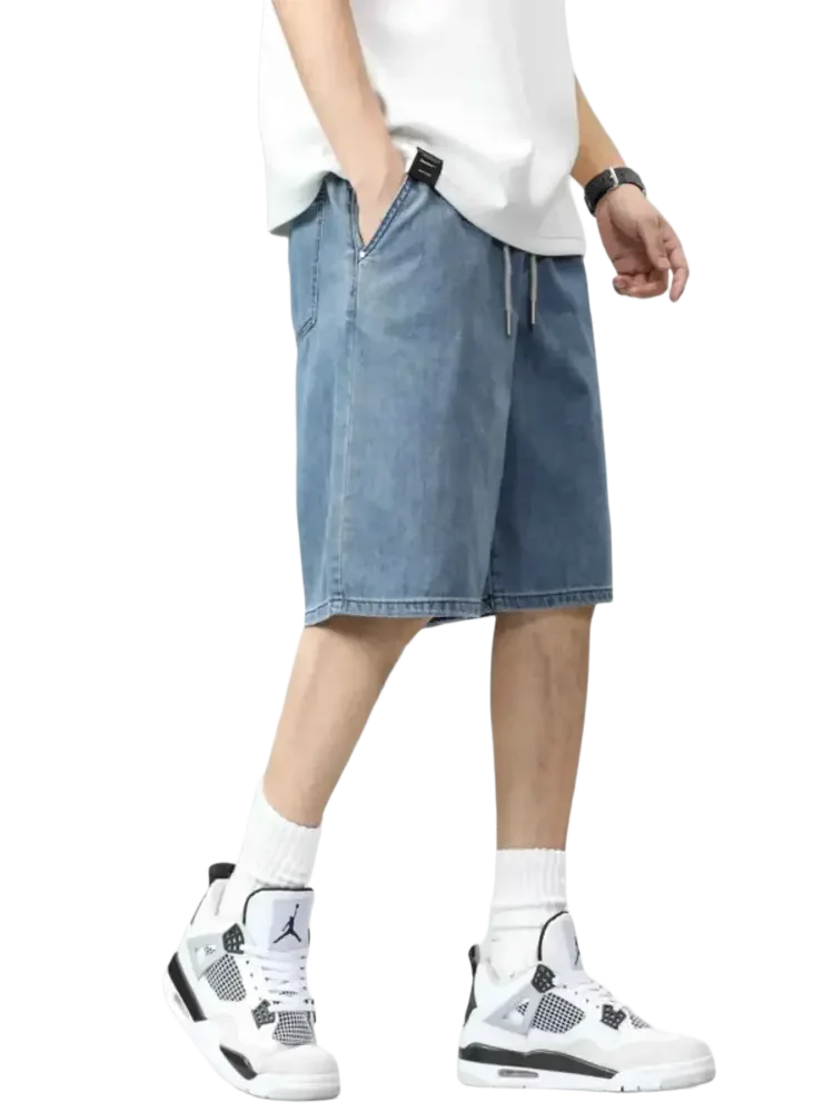 Men’s plus size drawstring denim shorts with light wash and adjustable waist