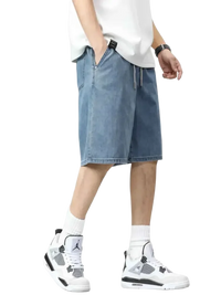Men’s plus size drawstring denim shorts with light wash and adjustable waist