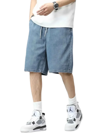 Plus size drawstring denim shorts featuring light wash fabric and adjustable waist