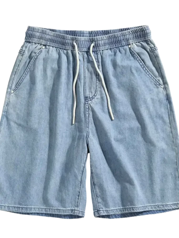 Light-wash plus size drawstring denim shorts with elastic waist for men