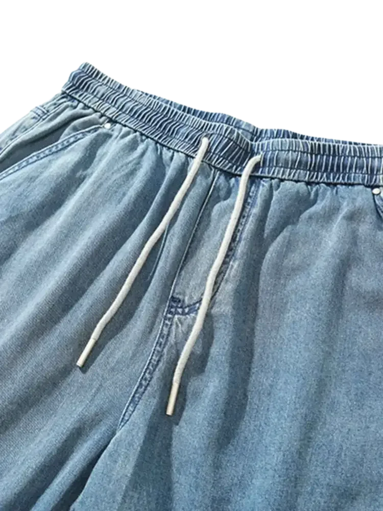 Light-wash blue denim plus size drawstring shorts with elastic waistband for men