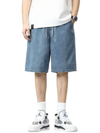 Plus size drawstring denim shorts worn with a white t-shirt and athletic shoes