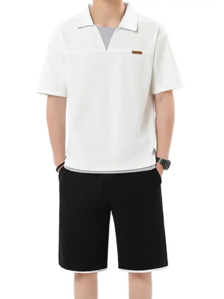 Men's Plus Size Johnny Collar Top and Shorts Set