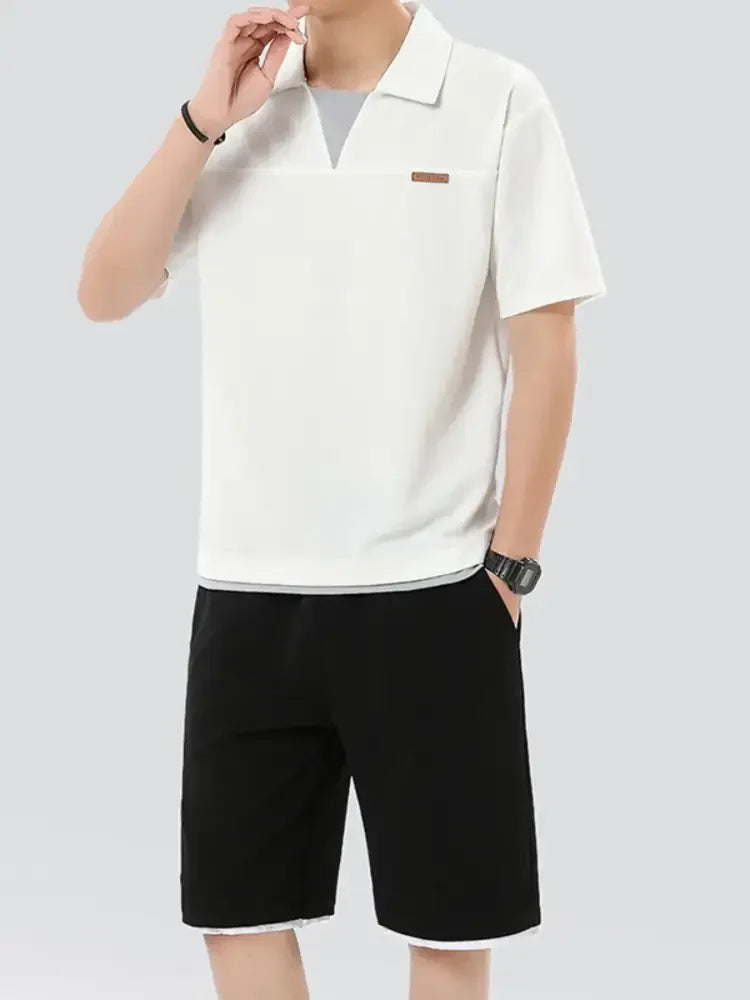 Men's Plus Size Johnny Collar Top and Shorts Set