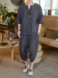 Men's Plus Size Notched Half Sleeve Top and Cropped Pants Set