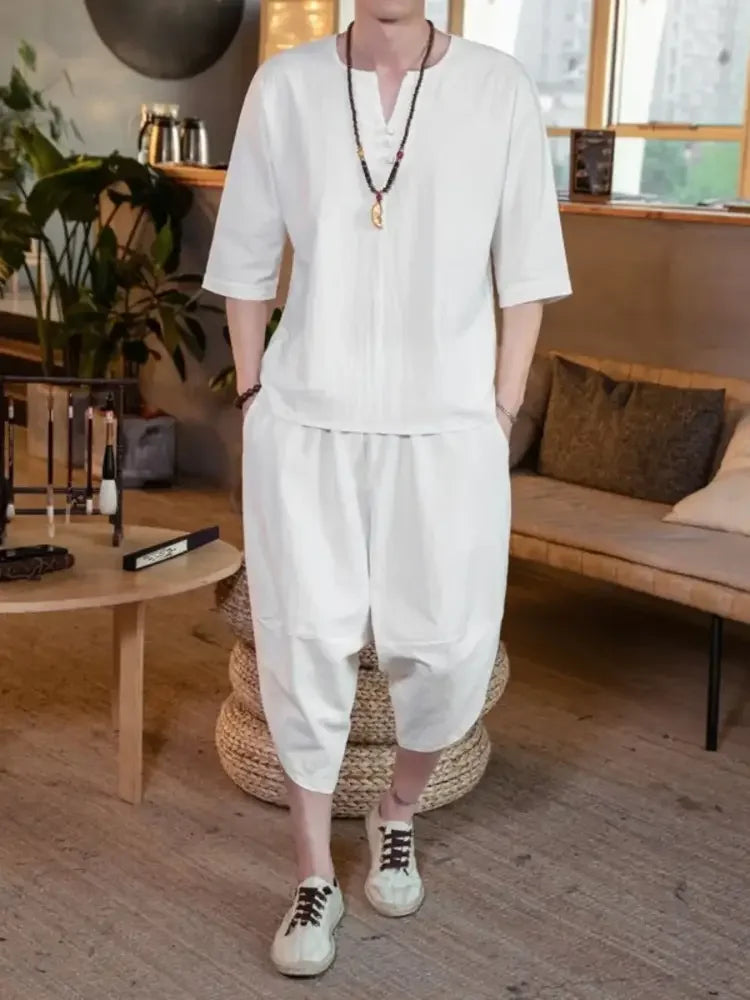Men's Plus Size Notched Half Sleeve Top and Cropped Pants Set