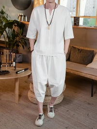 Men's Plus Size Notched Half Sleeve Top and Cropped Pants Set