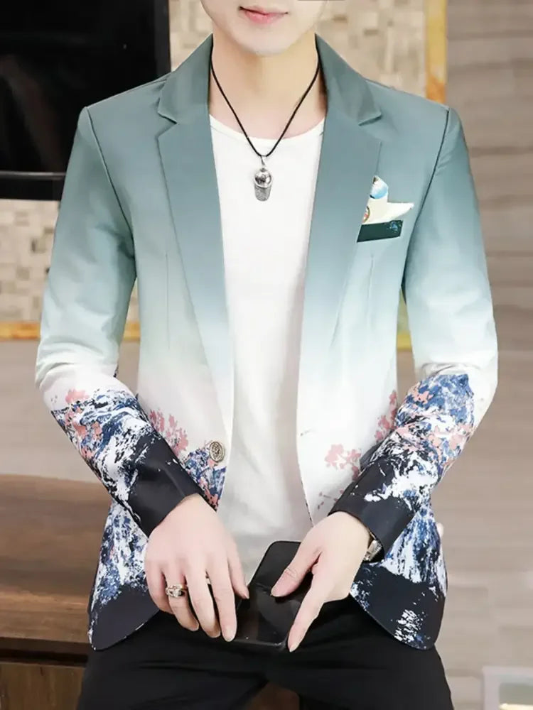 Men's Plus Size Printed One Button Long Sleeve Blazer