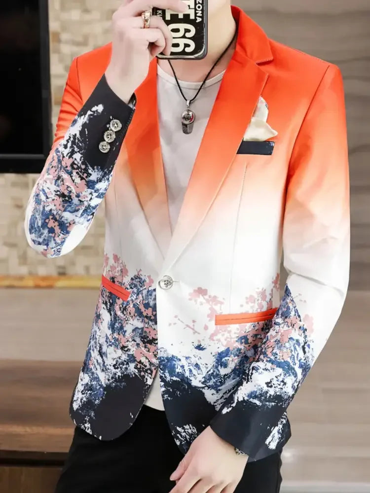 Men's Plus Size Printed One Button Long Sleeve Blazer
