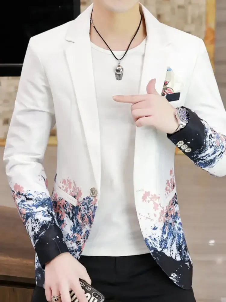 Men's Plus Size Printed One Button Long Sleeve Blazer
