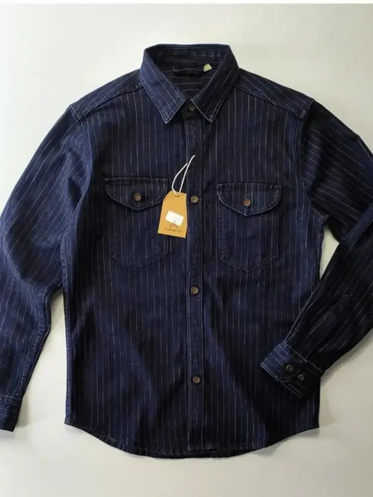 Men's Plus Size Striped Button Up Denim Shirt