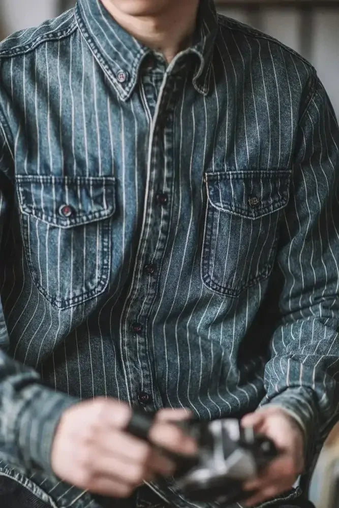 Men's Plus Size Striped Button Up Long Sleeve Denim Shirt