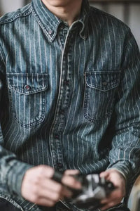 Men's Plus Size Striped Button Up Long Sleeve Denim Shirt