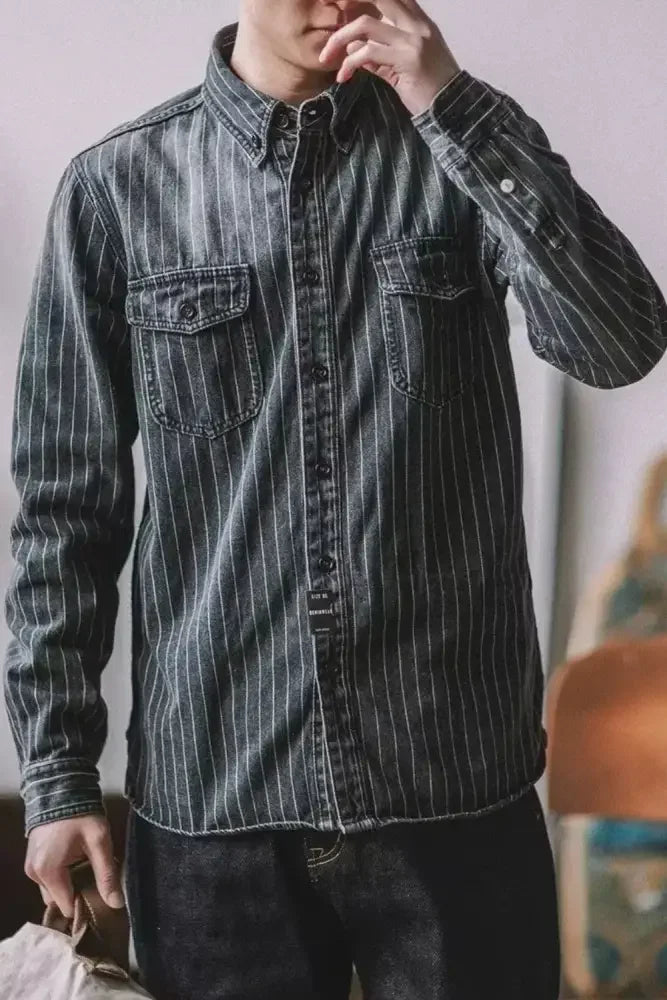 Men's Plus Size Striped Button Up Long Sleeve Denim Shirt