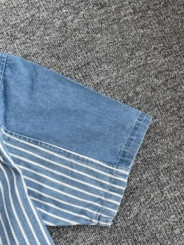Men's Plus Size Striped Short Sleeve Denim Shirt