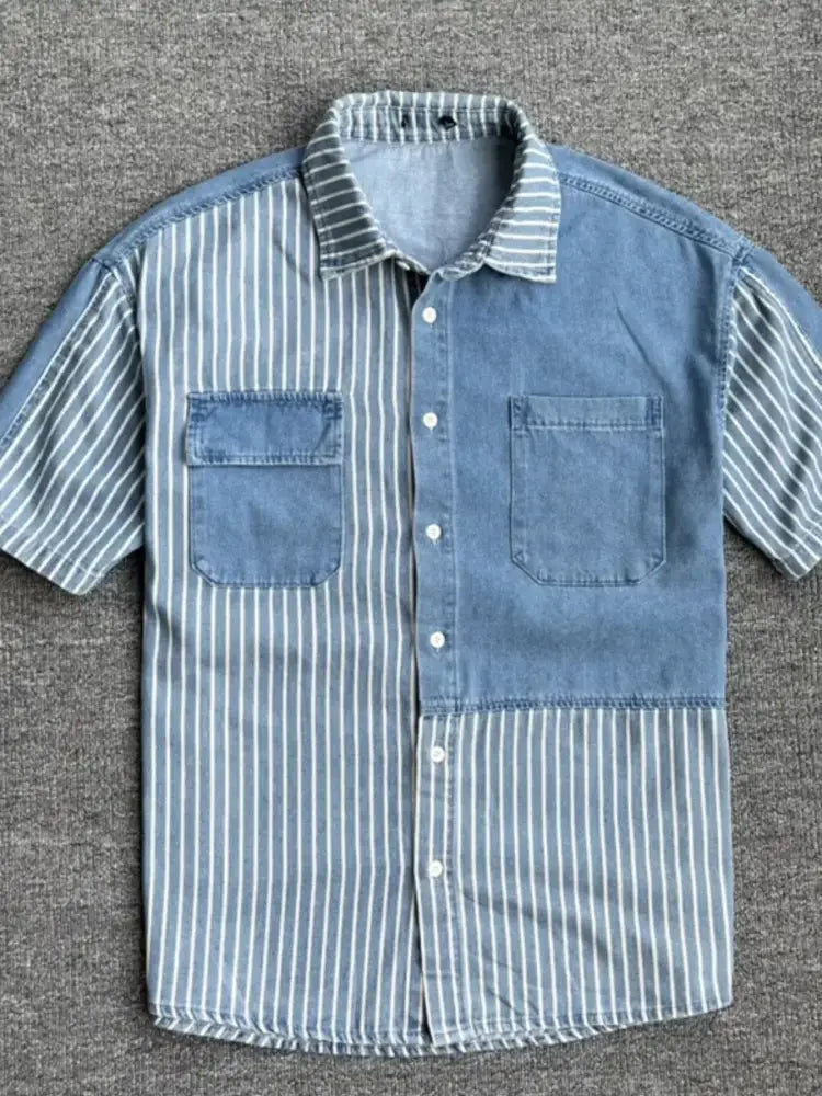 Men's Plus Size Striped Short Sleeve Denim Shirt