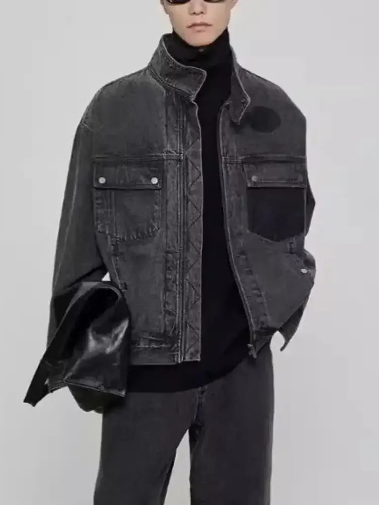 Men's Plus Size Washed Zip Up Denim Jacket