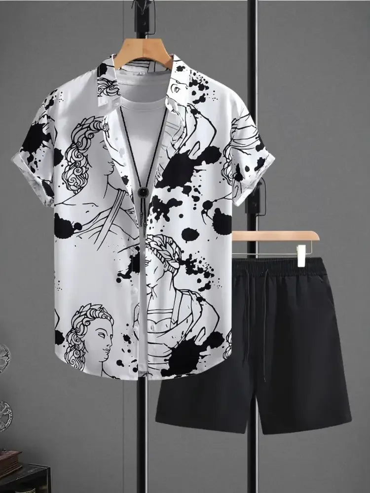Men's Printed Button Up Shirt and Shorts Set