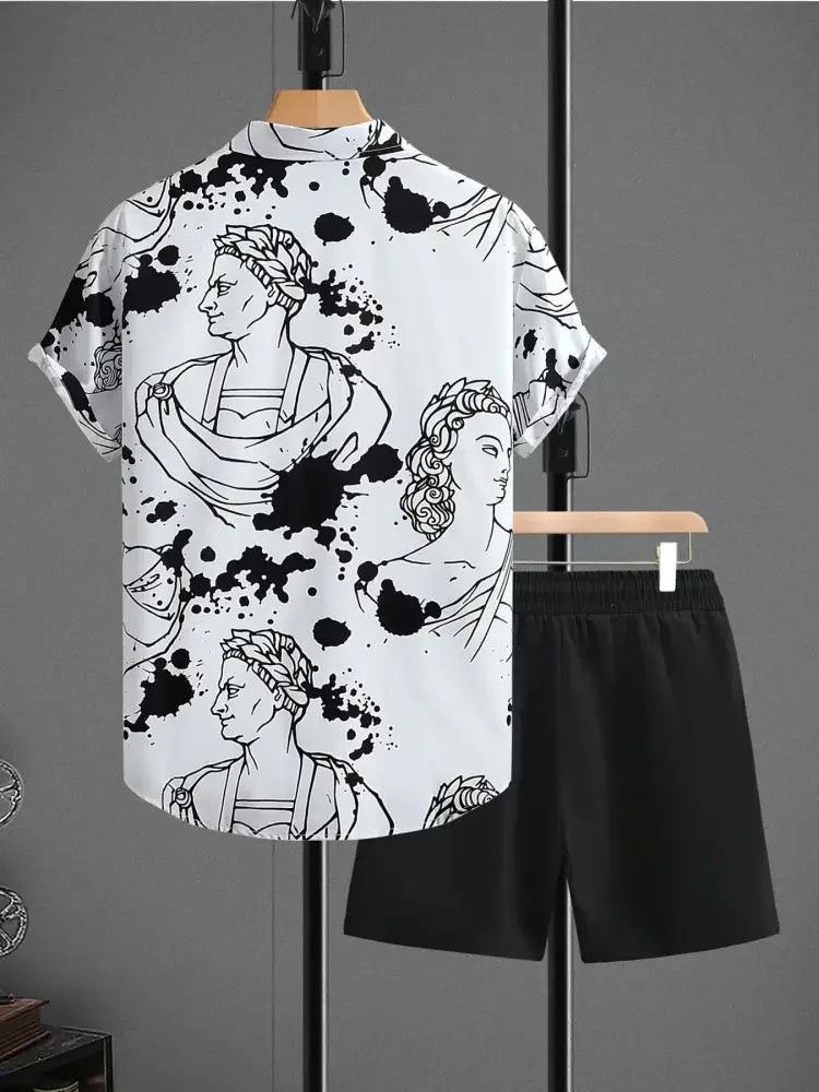 Men's Printed Button Up Shirt and Shorts Set