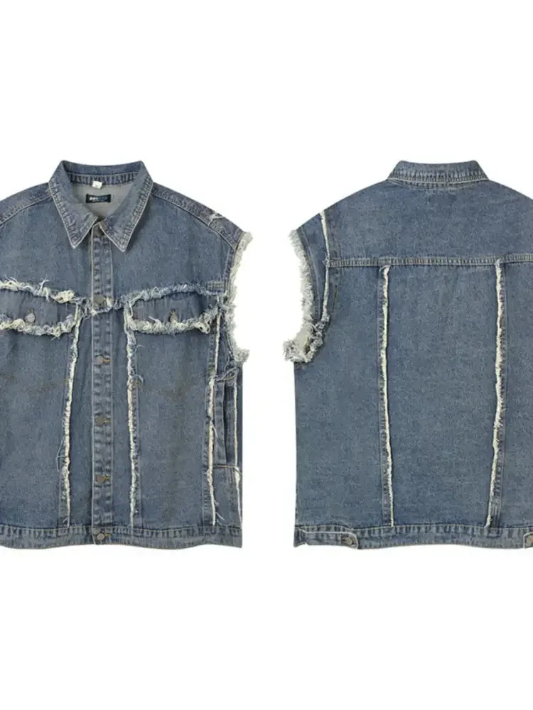Men's Raw Hem Button Up Sleeveless Denim Jacket
