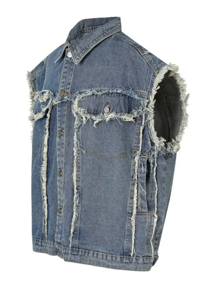 Men's Raw Hem Button Up Sleeveless Denim Jacket