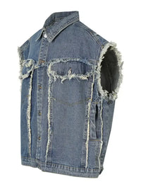 Men's Raw Hem Button Up Sleeveless Denim Jacket