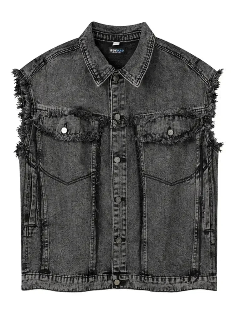 Men's Raw Hem Button Up Sleeveless Denim Jacket