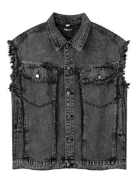 Men's Raw Hem Button Up Sleeveless Denim Jacket