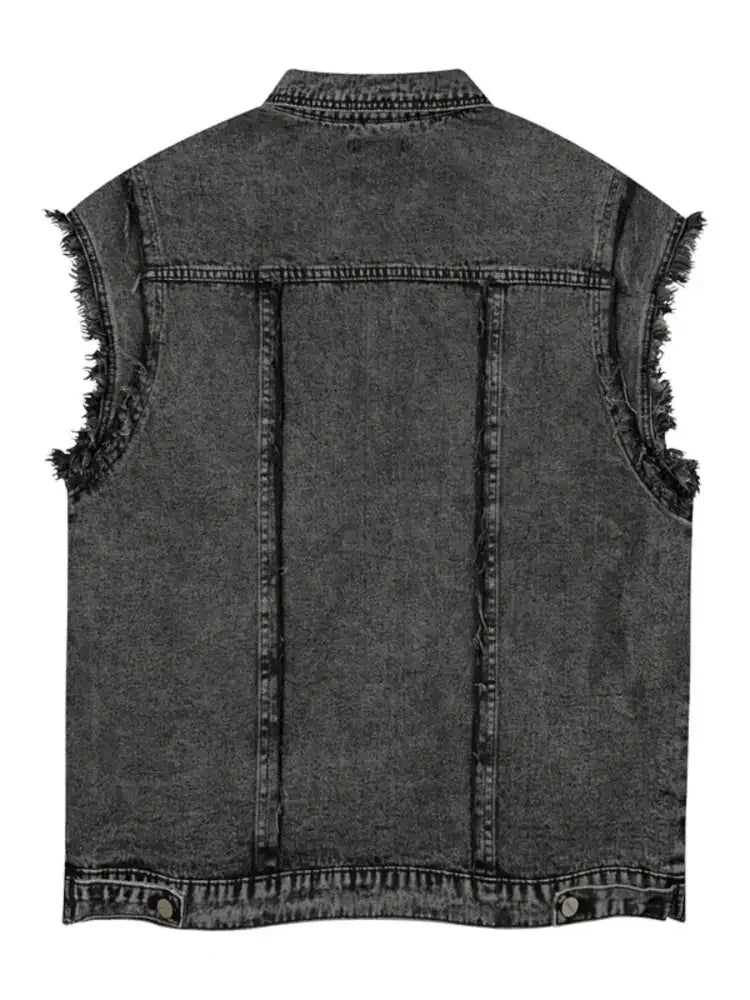 Men's Raw Hem Button Up Sleeveless Denim Jacket