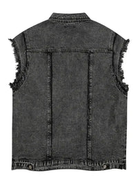 Men's Raw Hem Button Up Sleeveless Denim Jacket