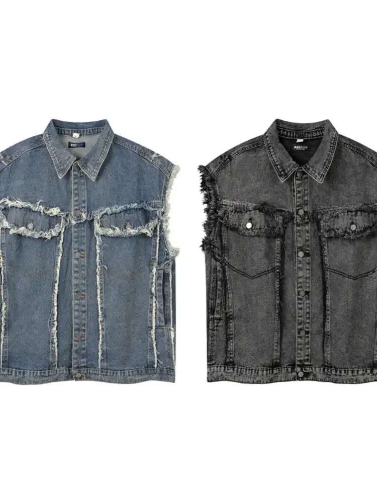 Men's Raw Hem Button Up Sleeveless Denim Jacket