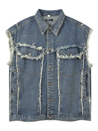 Men's Raw Hem Button Up Sleeveless Denim Jacket