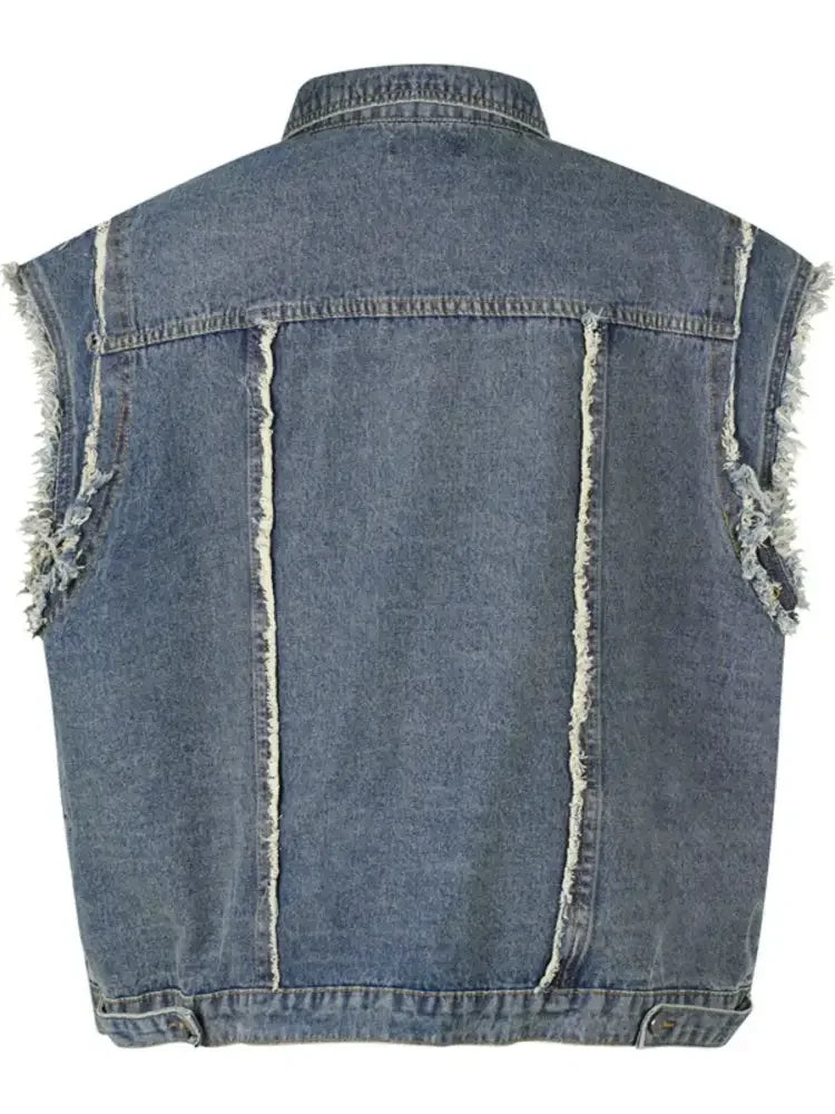 Men's Raw Hem Button Up Sleeveless Denim Jacket